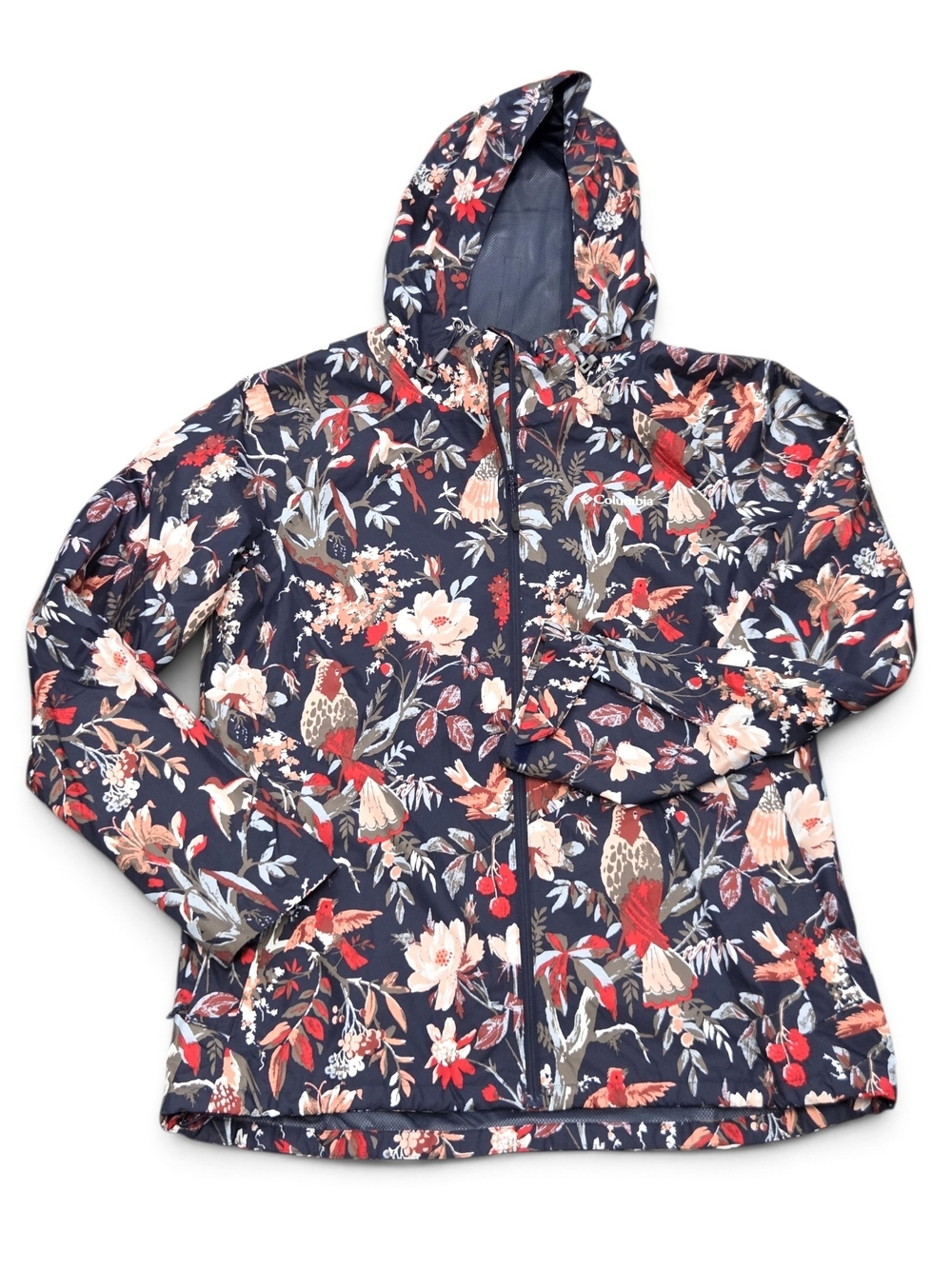Inner Limits II Hooded Rain Jacket Nocturnal Birds Florals Navy Blue Size Large